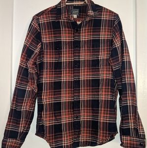 J Crew Navy Orange Blue Plaid Flannel Midweight Slim Small